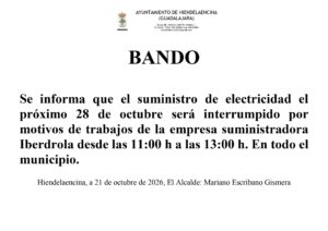 Bando: el suministro de electricidad el próximo 28 de octubre será interrumpido desde las 11:00 h a las 13:00 h. En todo el municipio.